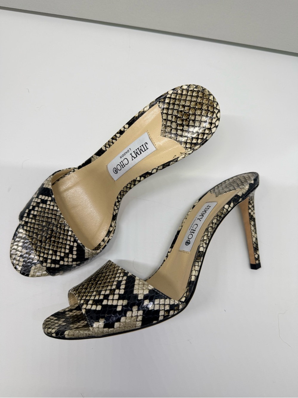 Jimmy Choo Stacey 65 Snake-Print Leather High Heel Slide Sandals - Black/Tan